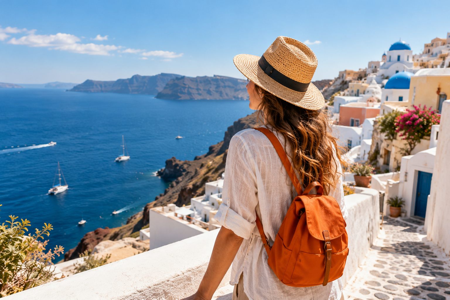 Illustrative view of a traveller overlooking a sunny coastal village